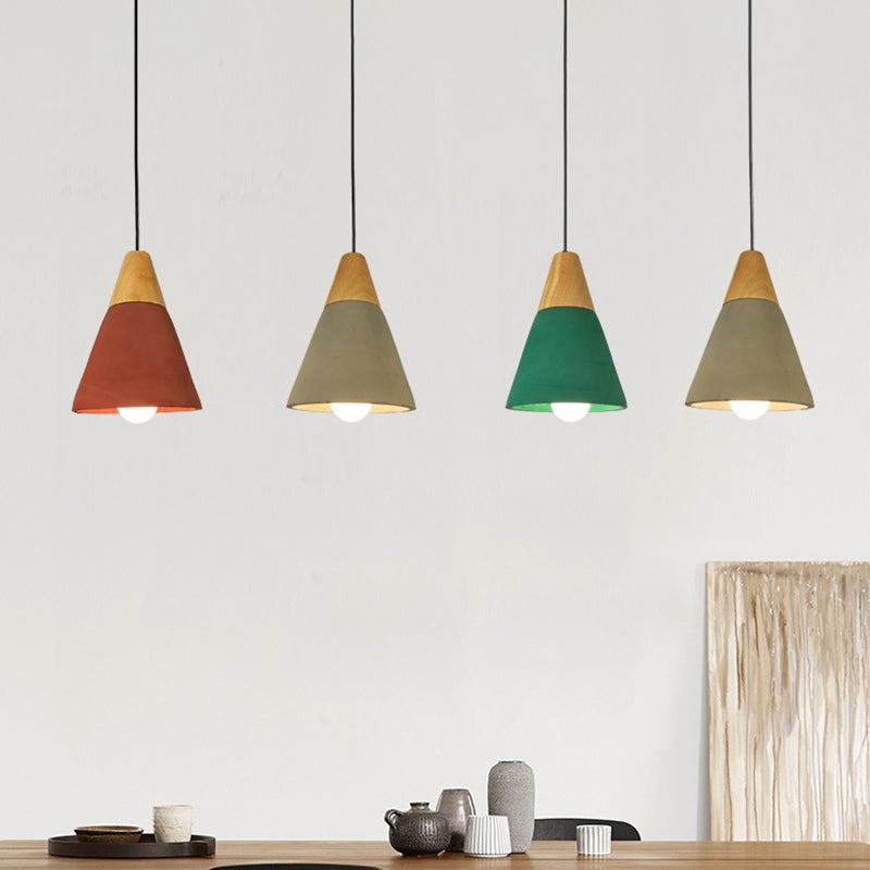 Cement Hanging Pendant Lamp - Macaron Single-Bulb Cone/Bowl Design in Green/Red with Wood Top