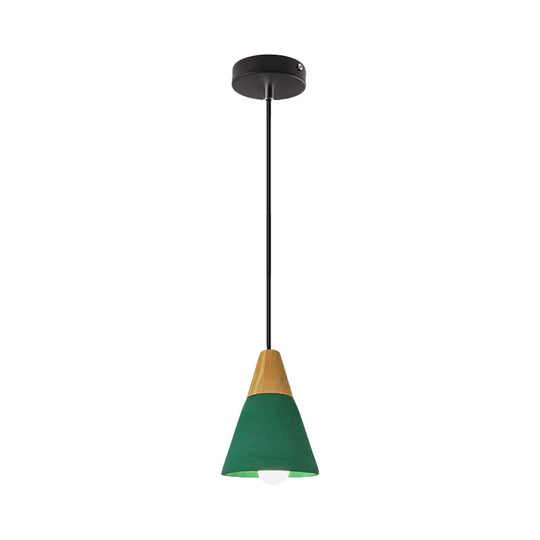 Macaron Cone/Bowl Cement Pendant Lamp With Wood Top And Single-Bulb In Green/Red