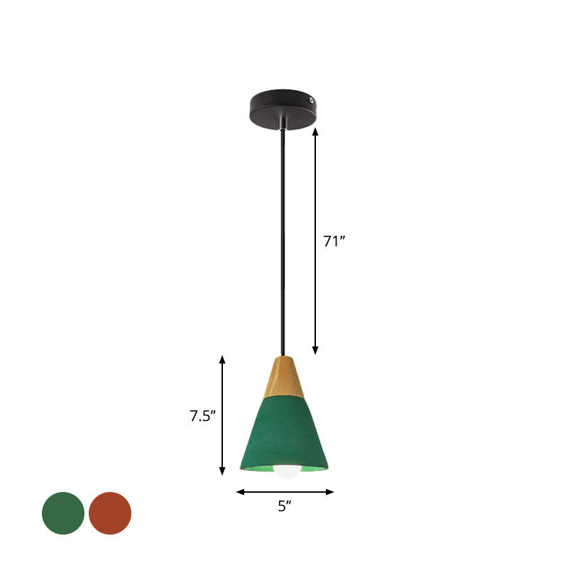 Cement Hanging Pendant Lamp - Macaron Single-Bulb Cone/Bowl Design in Green/Red with Wood Top