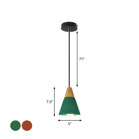 Cement Hanging Pendant Lamp - Macaron Single-Bulb Cone/Bowl Design in Green/Red with Wood Top
