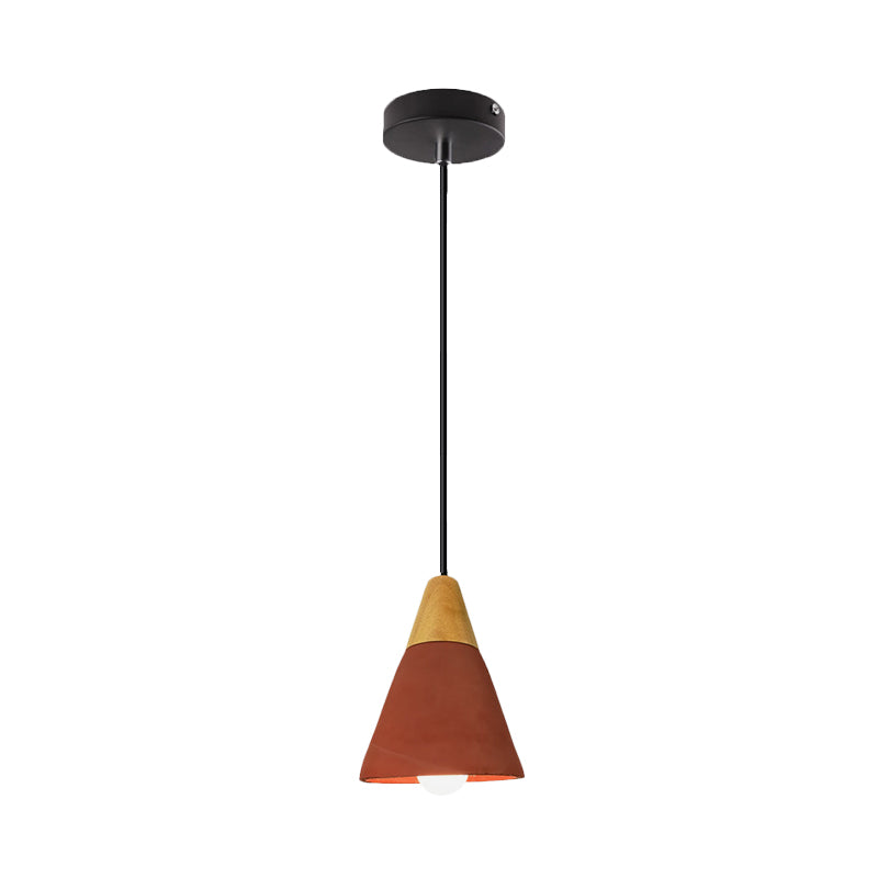 Cement Hanging Pendant Lamp - Macaron Single-Bulb Cone/Bowl Design in Green/Red with Wood Top