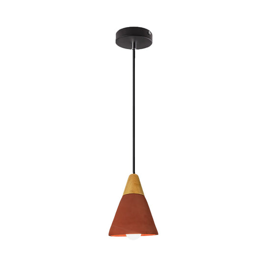 Cement Hanging Pendant Lamp - Macaron Single-Bulb Cone/Bowl Design in Green/Red with Wood Top