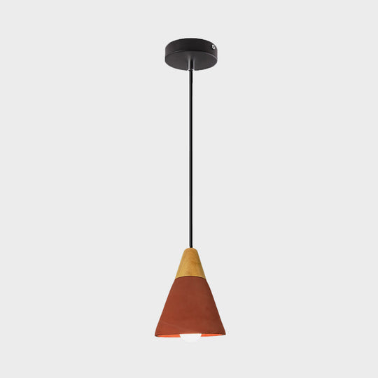 Macaron Cone/Bowl Cement Pendant Lamp With Wood Top And Single-Bulb In Green/Red