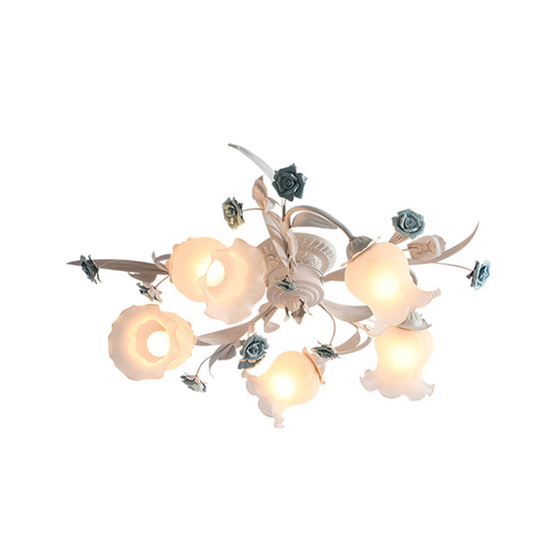 American Garden Flower Semi-Flush Mount Light - 5 Bulbs, Frosted White Glass - Ideal for Living Room