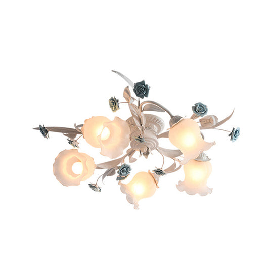 American Garden Flower Semi-Flush Mount Light - 5 Bulbs Frosted White Glass Ideal For Living Room