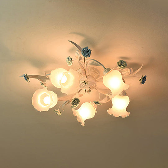 American Garden Flower Semi-Flush Mount Light - 5 Bulbs Frosted White Glass Ideal For Living Room