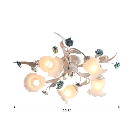 American Garden Flower Semi-Flush Mount Light - 5 Bulbs Frosted White Glass Ideal For Living Room