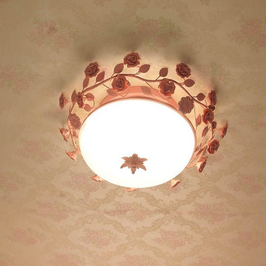 Pastoral Dome Flush Ceiling Light - Frosted White Glass Flush Mount Lamp with Pink Flower Deco