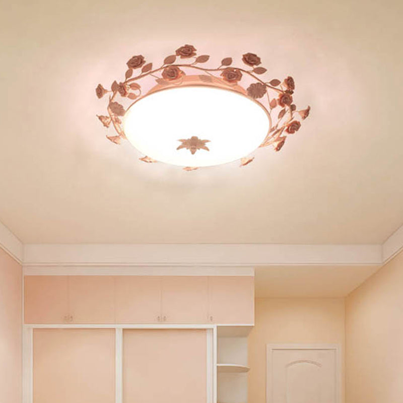 Pastoral Dome Flush Ceiling Light - Frosted White Glass Mount Lamp With Pink Flower Deco