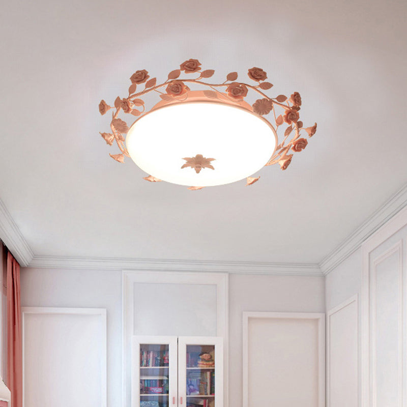 Pastoral Dome Flush Ceiling Light - Frosted White Glass Flush Mount Lamp with Pink Flower Deco