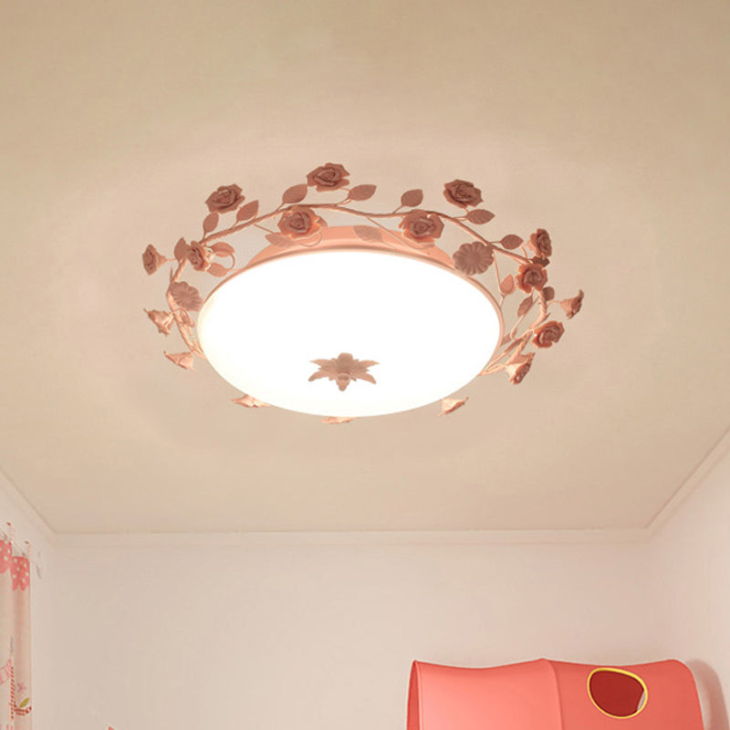 Pastoral Dome Flush Ceiling Light - Frosted White Glass Mount Lamp With Pink Flower Deco
