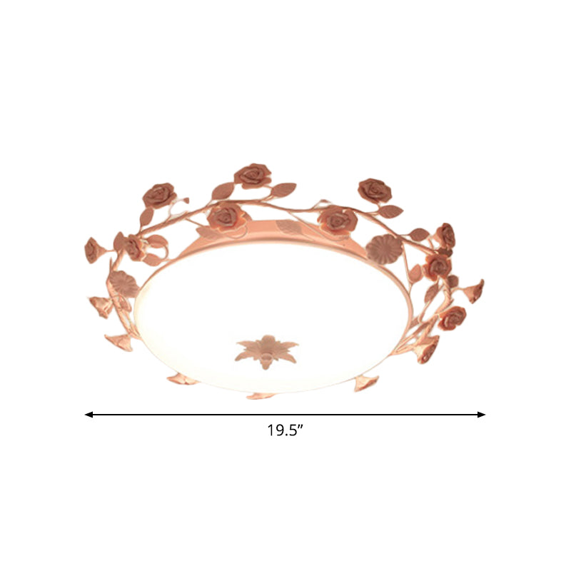 Pastoral Dome Flush Ceiling Light - Frosted White Glass Mount Lamp With Pink Flower Deco