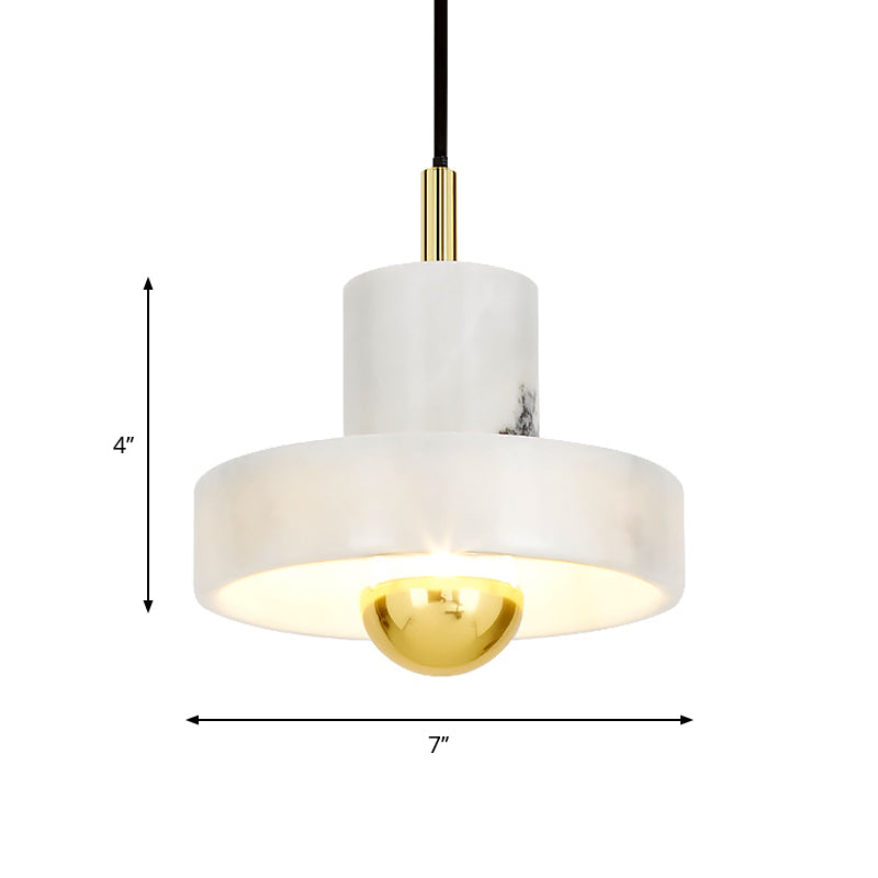 Minimalist Pot-Lid Pendant Marble Dining Room Light In White/Brass - 1-Bulb Suspension