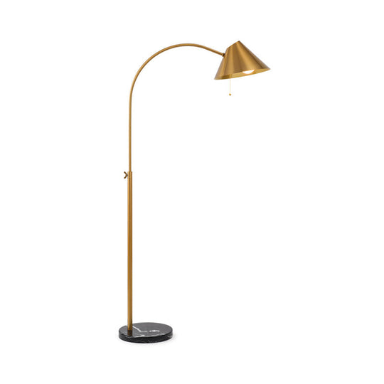 Modern Adjustable Floor Reading Lamp - Gold Cone Metal Gooseneck Light With Pull Chain