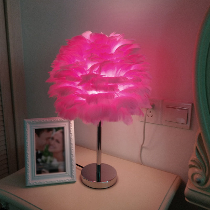 Feathered Modern Artichoke Plug-In Table Light: 1 Light Girls Room Nightstand Lamp (Pink/Grey/White)