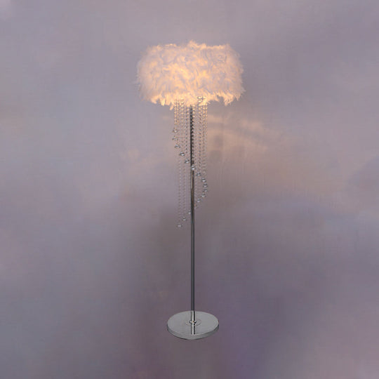 Modern Drum Standing Lamp Feather 1-Light Floor Light In Red/White With Crystal Spiral Drape -