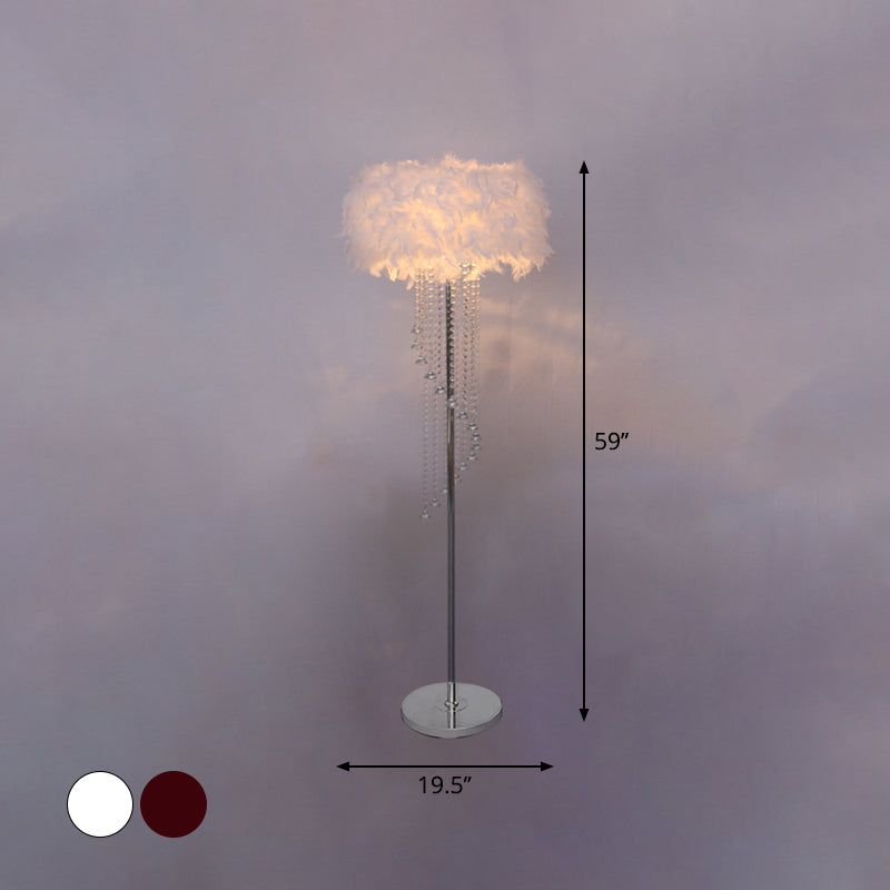 Modern Drum Standing Lamp Feather 1-Light Floor Light In Red/White With Crystal Spiral Drape -