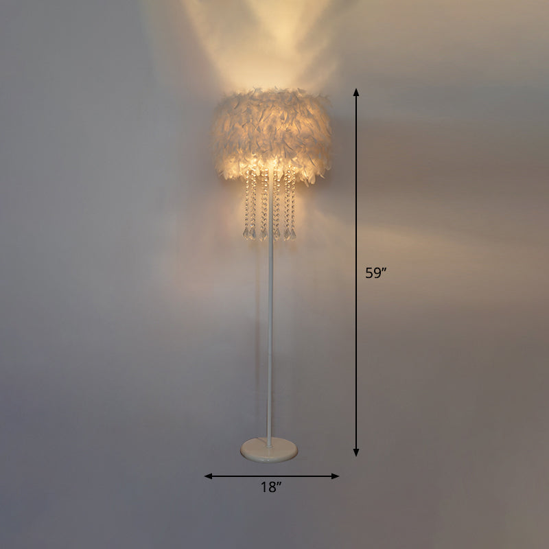 Modern Drum Bedside Floor Lamp - Feather 1-Light White (With/Without Crystal Drop)