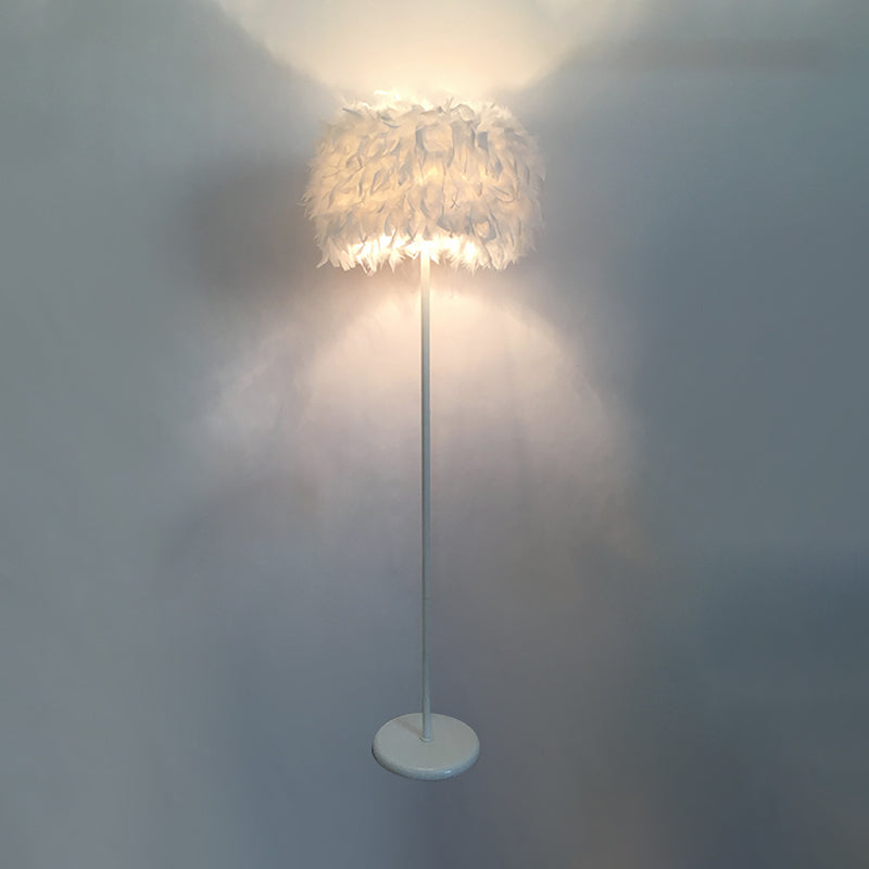 Modern Feather Drum Standing Floor Light: 16/18 W 1-Head White Lamp With Or Without Draping Crystal