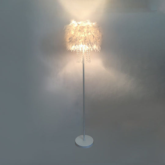 Modern Feather Drum Standing Floor Light: 16/18 W 1-Head White Lamp With Or Without Draping Crystal