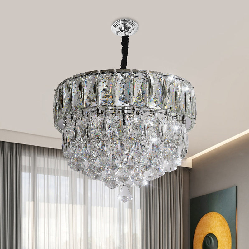 Modern Stainless Steel Crystal LED Pendant Light - Beveled Cut, Round/Square Tiers