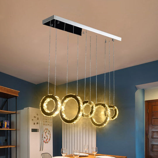Modern Silver Circular Pendant with K9 Crystal, 3/5 Lights for Dining Room Cluster
