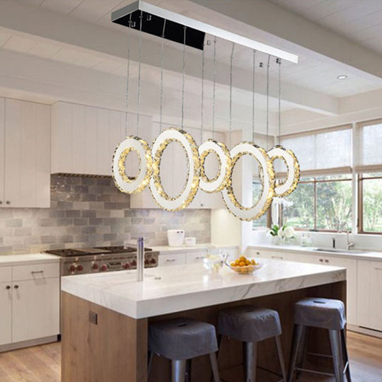 Modern Silver Circular Pendant with K9 Crystal, 3/5 Lights for Dining Room Cluster