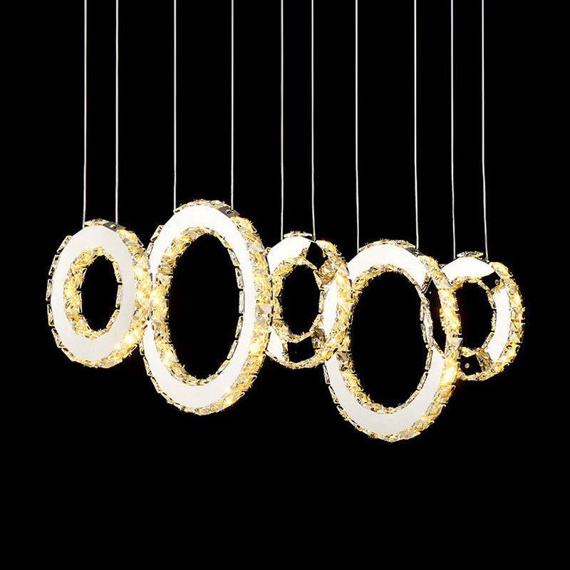 Modern Silver Circular Pendant with K9 Crystal, 3/5 Lights for Dining Room Cluster