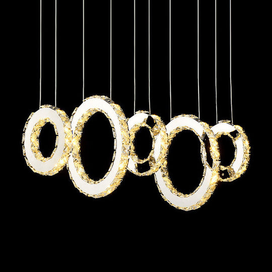 Modern Silver Circular Pendant with K9 Crystal, 3/5 Lights for Dining Room Cluster