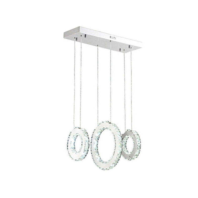 Modern Silver Circular Pendant with K9 Crystal, 3/5 Lights for Dining Room Cluster