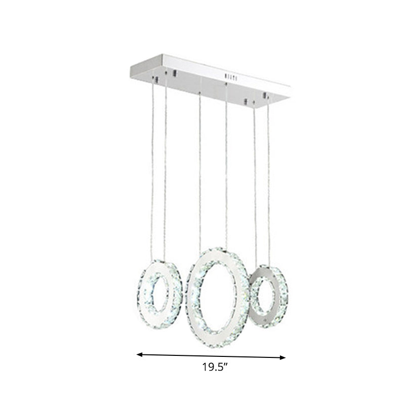 Modern Silver Circular Pendant with K9 Crystal, 3/5 Lights for Dining Room Cluster