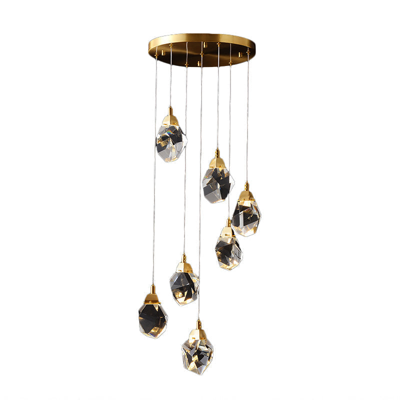 Suspension moderne en cristal en forme de goutte de pluie en laiton pour salle à manger - Disponible en options à 3, 5 ou 24 lumières