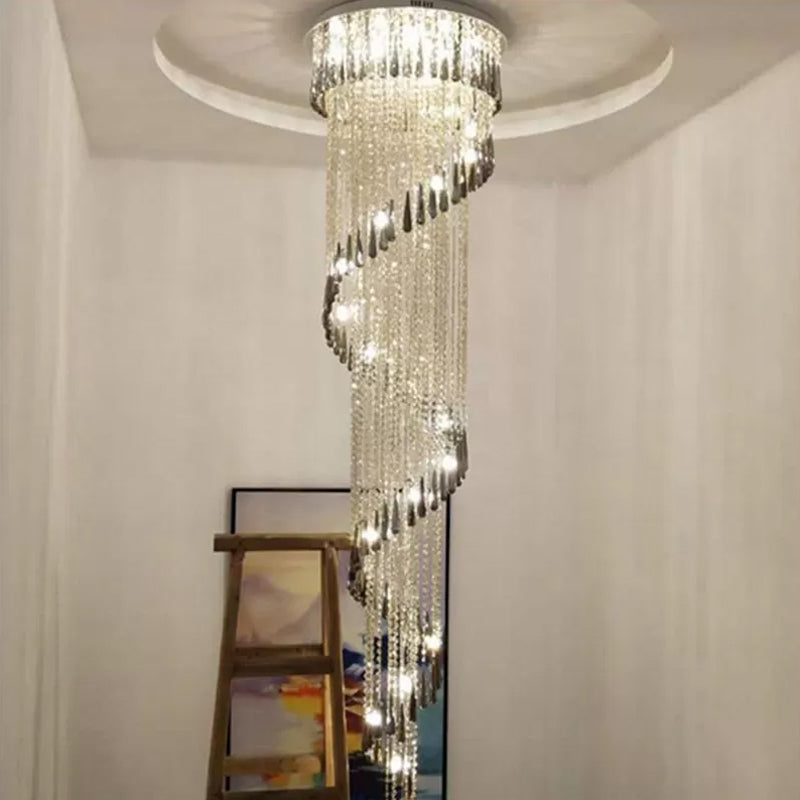 Sleek Led Spiral Ceiling Light With Crystal Draping For Living Room - Stainless Steel Pendant