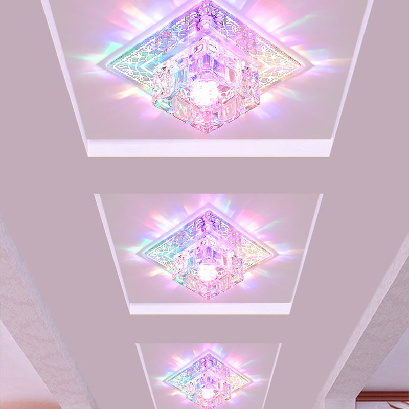Modern LED Crystal Flushmount Ceiling Light - Square Clear Glass, Chrome Finish - Ideal for Porch