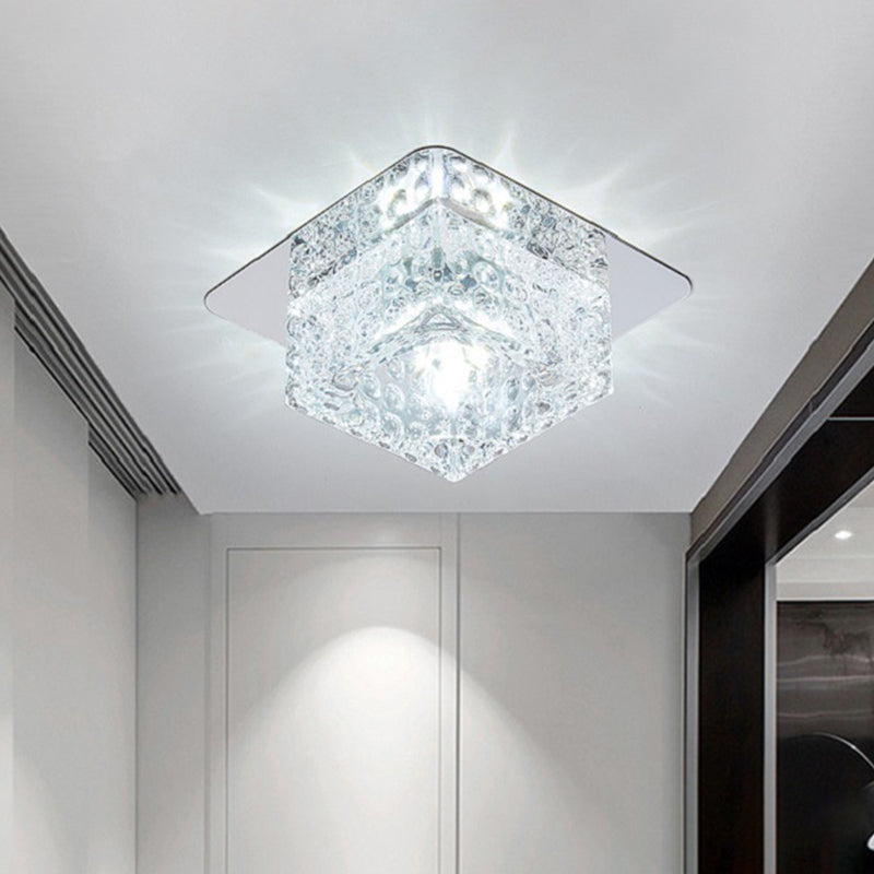Minimalist LED Chrome Flushmount Ceiling Light with Beveled Crystal Square Design