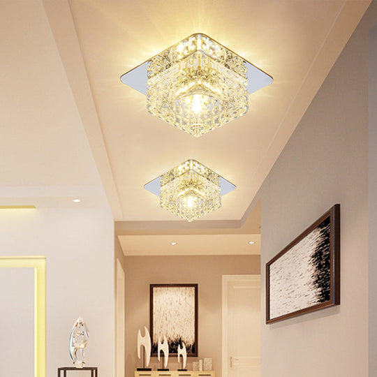 Minimalist LED Chrome Flushmount Ceiling Light with Beveled Crystal Square Design