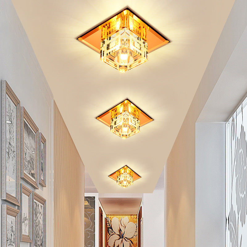 Modern Cube Crystal LED Ceiling Light in Chrome - Flushmount Porch Fixture