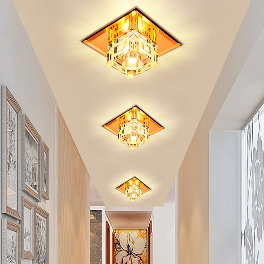 Modern Cube Crystal Led Ceiling Light In Chrome - Flushmount Porch Fixture