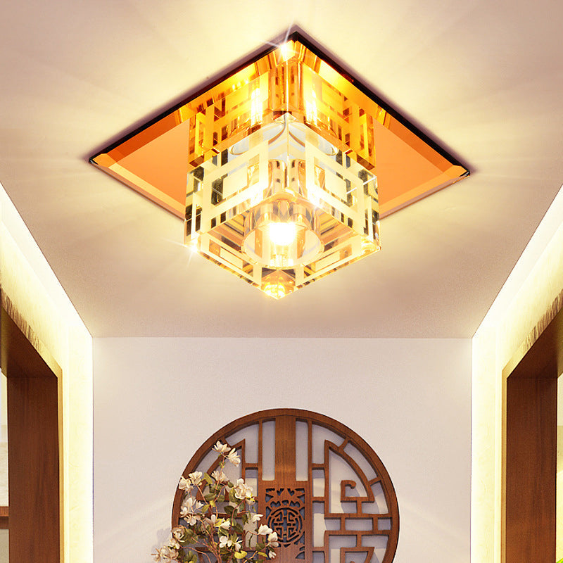 Modern Cube Crystal Led Ceiling Light In Chrome - Flushmount Porch Fixture