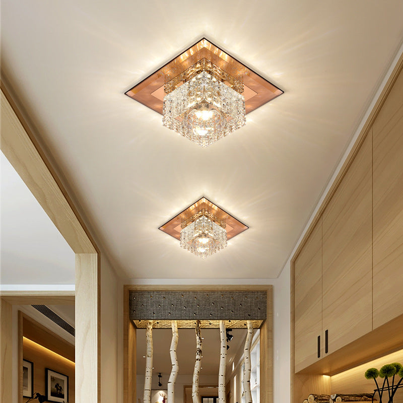Beveled Crystal Led Flush Mount Ceiling Light Fixture - Simplicity Cubic Design For Corridors