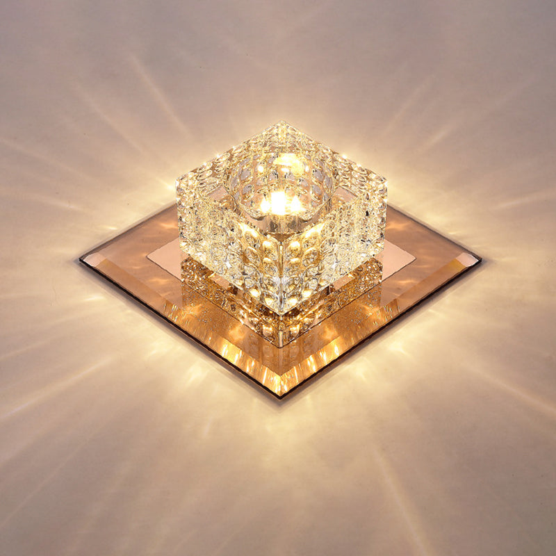 Beveled Crystal Led Flush Mount Ceiling Light Fixture - Simplicity Cubic Design For Corridors