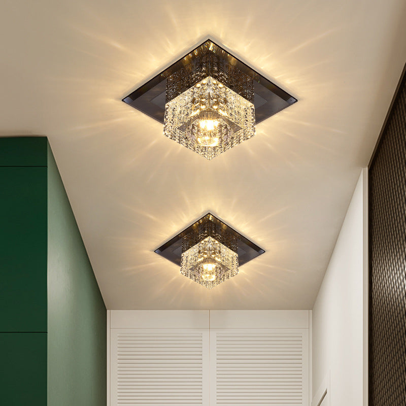 Beveled Crystal LED Flush Mount Ceiling Light Fixture - Simplicity Cubic Design for Corridors