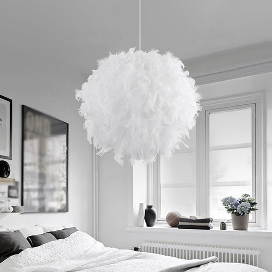 Modern Feather 1 Head Sphere Drop Pendant Ceiling Light (12"/14"/16" Width) - White/Pink/Rose Red