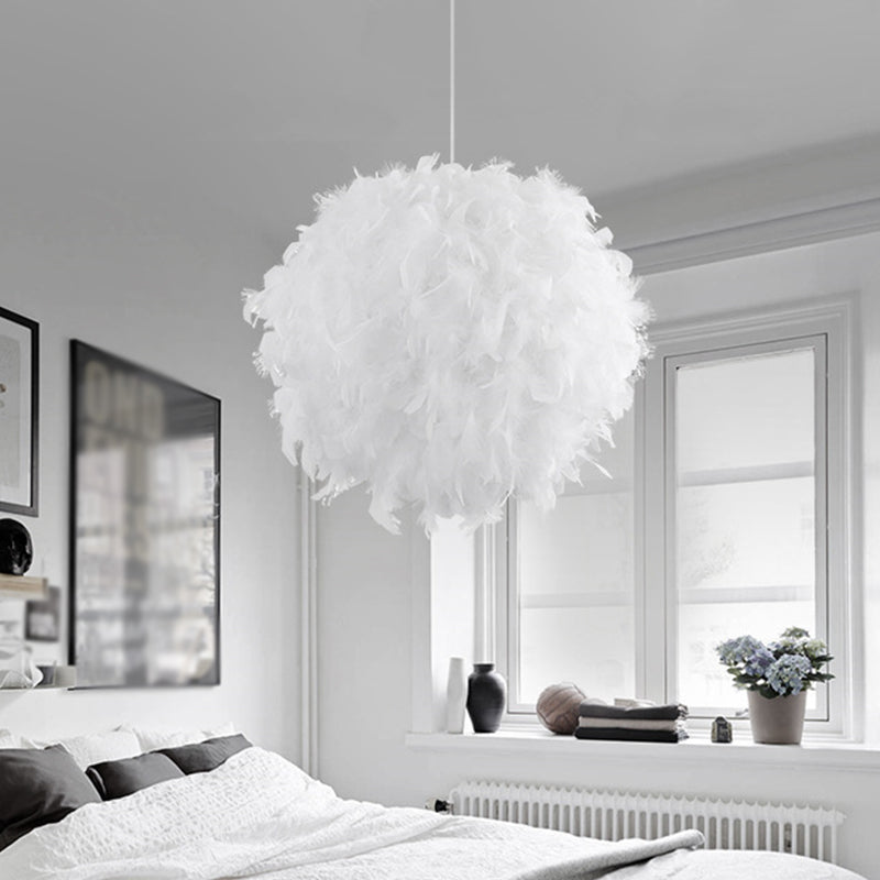 Modern Feather Pendant Light In White/Pink/Rose Red - 12/14/16 Wide Sphere Drop 1 Head For Bedroom