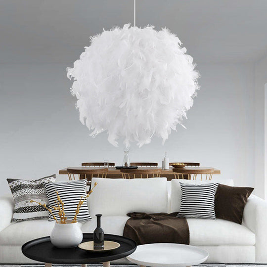 Modern Feather 1 Head Sphere Drop Pendant Ceiling Light (12"/14"/16" Width) - White/Pink/Rose Red
