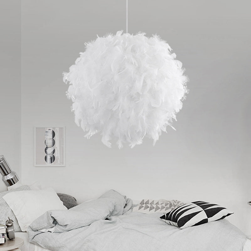 Modern Feather Pendant Light In White/Pink/Rose Red - 12/14/16 Wide Sphere Drop 1 Head For Bedroom