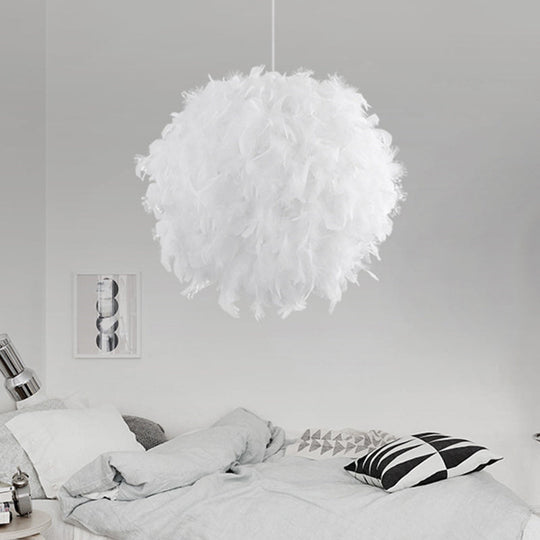 Modern Feather Pendant Light In White/Pink/Rose Red - 12/14/16 Wide Sphere Drop 1 Head For Bedroom