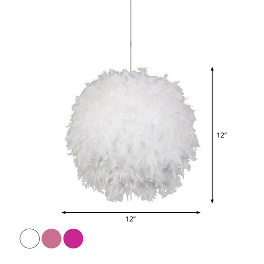 Modern Feather 1 Head Sphere Drop Pendant Ceiling Light (12"/14"/16" Width) - White/Pink/Rose Red