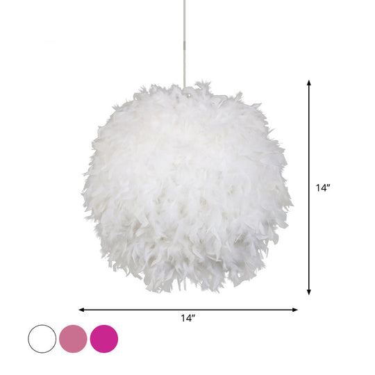 Modern Feather 1 Head Sphere Drop Pendant Ceiling Light (12"/14"/16" Width) - White/Pink/Rose Red