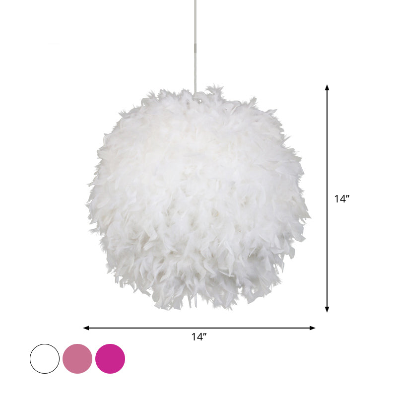 Modern Feather Pendant Light In White/Pink/Rose Red - 12/14/16 Wide Sphere Drop 1 Head For Bedroom